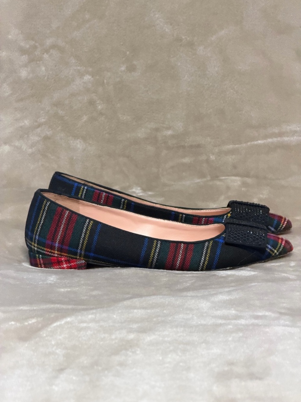 J. Crew Tartan Festive Holiday Plaid Crystal Studded Bow Pointy Toe Ballet Flats